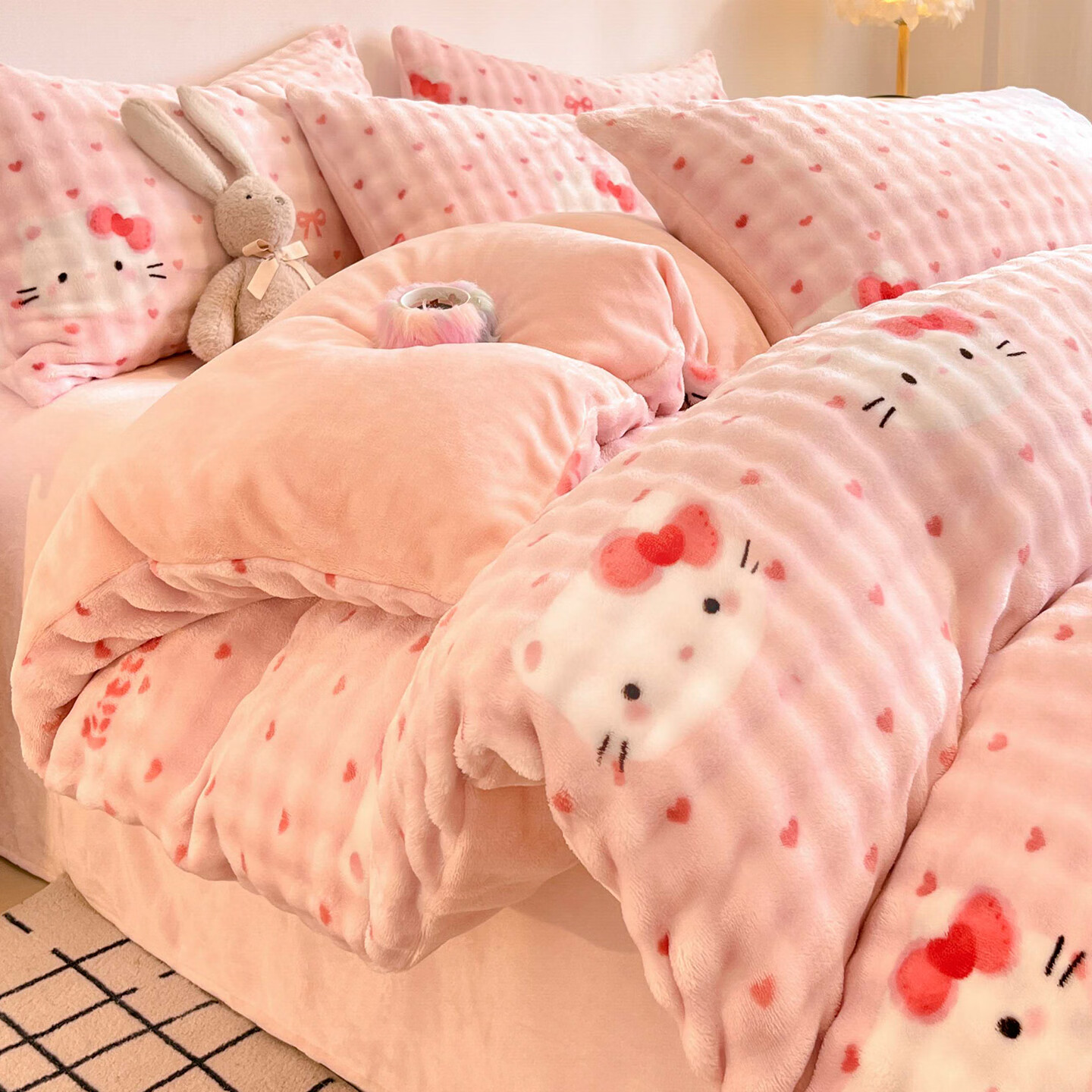 苏萱卡通可爱KT泡泡绒床上四件套加厚牛奶珊瑚绒被套床单人三件套床品 爱心KT猫 学生 床单款 三件套-被套150x200cm