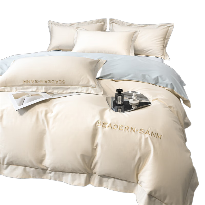 百麗絲水星家紡出品純棉四件套斜紋純色刺繡180支全棉三件套四季款床上 露娜-奶昔白+風(fēng)鈴蘭 床單款 1.8四件套-被套200x230