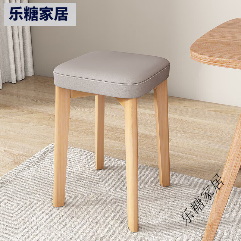 積木部落（jimubuluo）北歐小板凳家用科技布椅子客廳可疊放收納簡(jiǎn)易實(shí)木梳妝凳方凳子 【原木色】米色科技布+海綿坐墊 