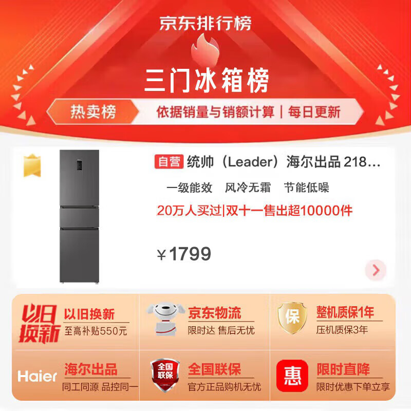统帅(Leader) 海尔智家出品国家补贴20%218升一级能效风冷变频三门EPP净味小型家租房小冰箱BCD-218WGLC3D7S9U1