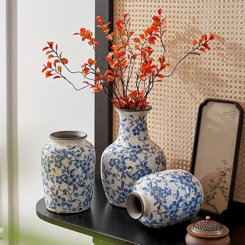OYKTN花瓶青花瓷摆件中式景德镇陶瓷复古落地感客厅插花古典高端大 纹裂丨雅韵蓝丨青花丨【阳春】