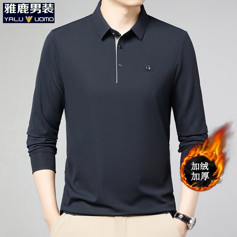 雅鹿男装加绒长袖t恤男冬季新款翻领印花宽松男士polo中老年爸爸装上衣 藏青加绒 XL (175)（建议135-150斤）