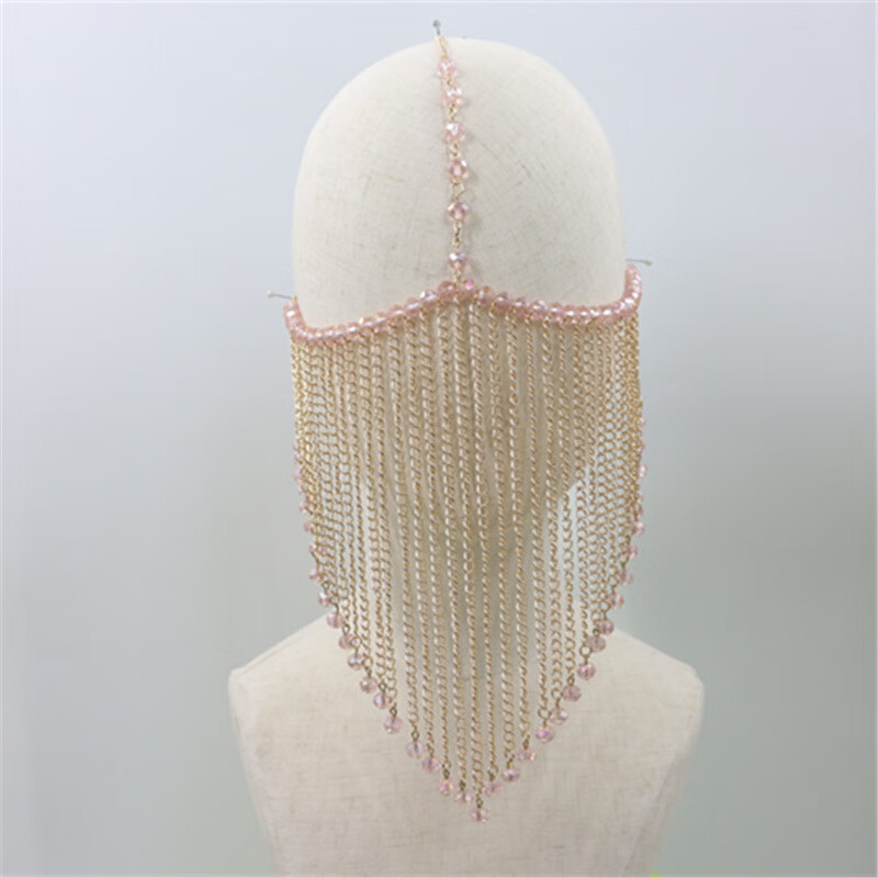 欧美facialmask水晶宝石挂坠金属链流苏链面罩口罩头饰 粉色水晶 均码