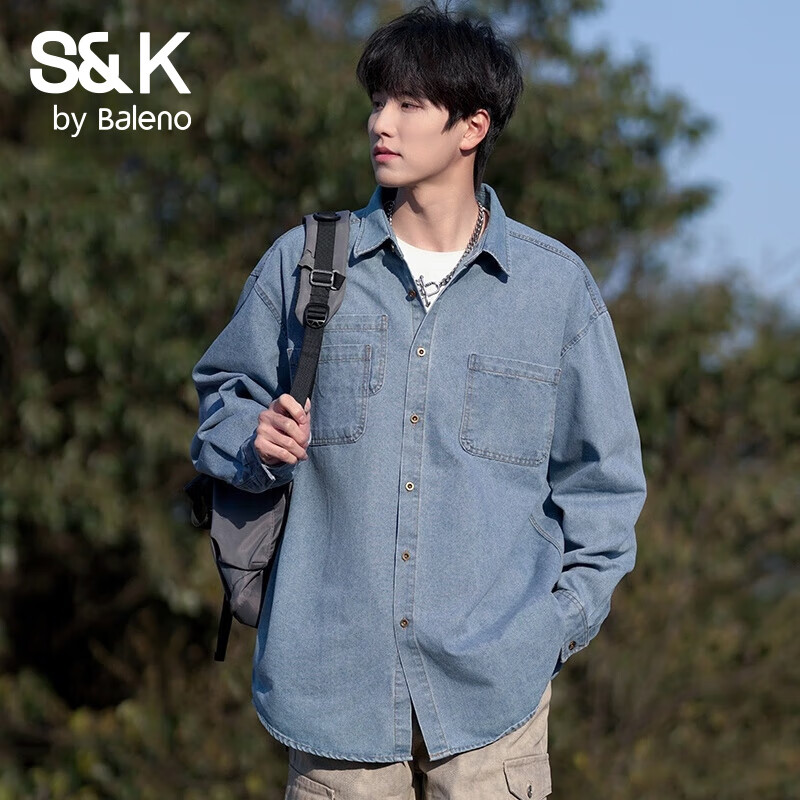 班尼路S&K系列牛仔襯衫男士寬松休閑長袖襯衣外套新款潮牌外搭上衣服 淺藍 3XL 建議150-170斤