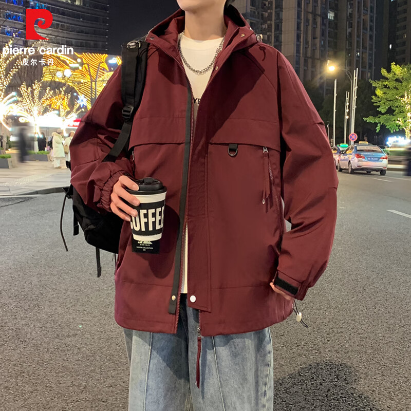 皮尔卡丹春秋季连帽情侣冲锋衣防风防水工装户外夹克外套 莎酱红 M 建议【体重115-1135斤】