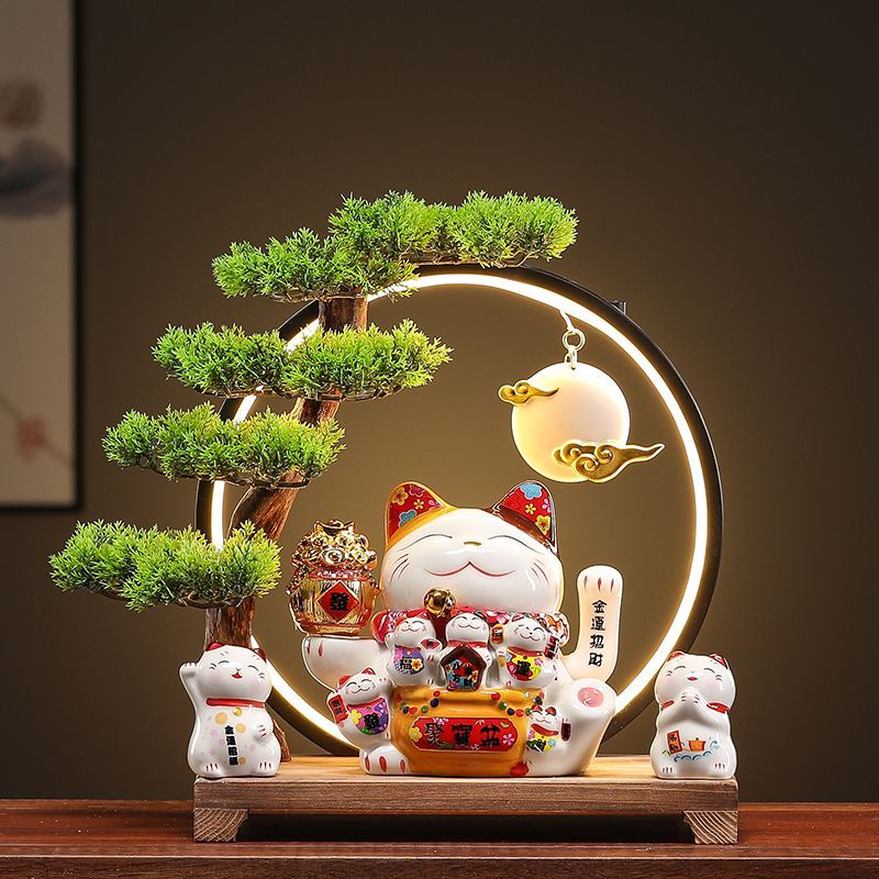 OYKTN家庭过年装饰品摇手猫灯圈礼品店铺家居开业客厅装饰品乔迁送 迎客松灯圈聚宝盆一桶金