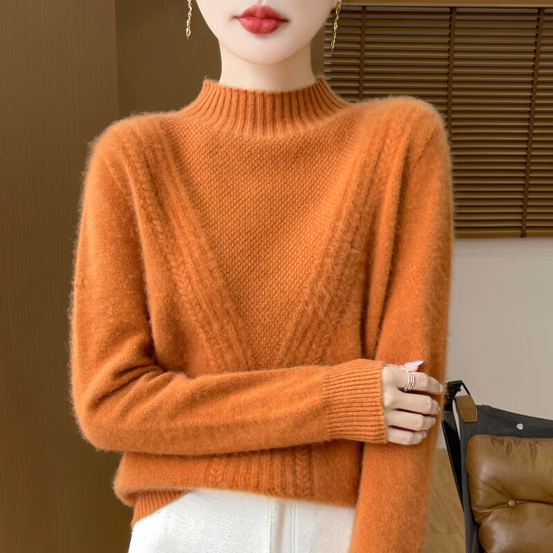 香影芬100%纯羊毛衫女套头半高领毛衣加厚扭花时尚秋冬羊毛针织打底衫女 白色 S (建议95斤以内)