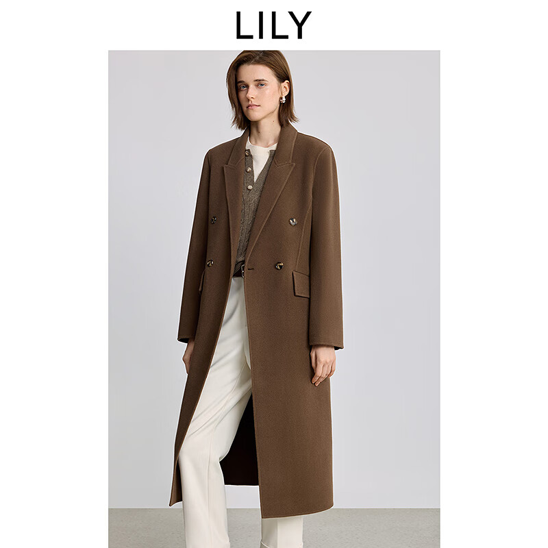 LILY100%美丽诺羊毛2025冬新款女装老钱风轻量双面呢毛呢大衣外套 720木棕 M