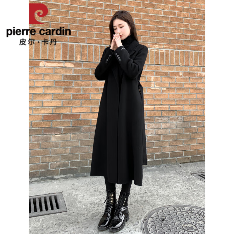皮尔卡丹(pierre cardin)黑色双面羊毛绒呢子大衣女士秋冬季感正肩赫本风毛呢外套中长款 黑色 S 建议108斤以内