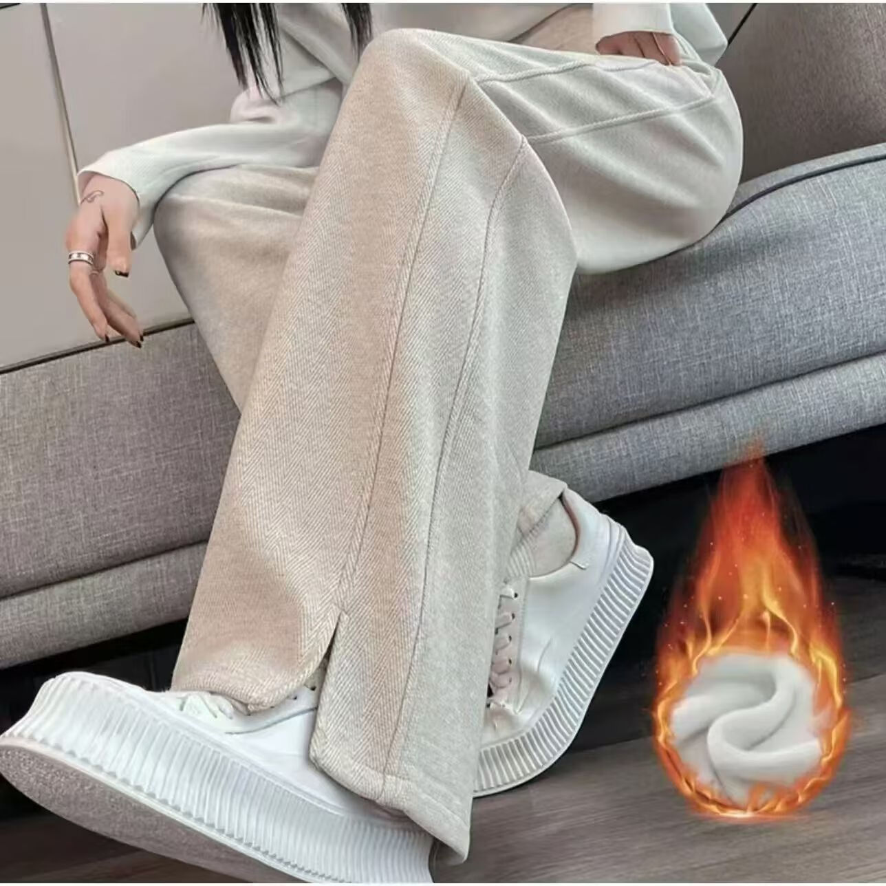 秋冬季人字纹阔腿裤女秋冬高腰加绒加厚开叉窄版羊毛呢直筒毛呢裤 杏色 【加绒加厚款】 XL 【建议110-125斤】