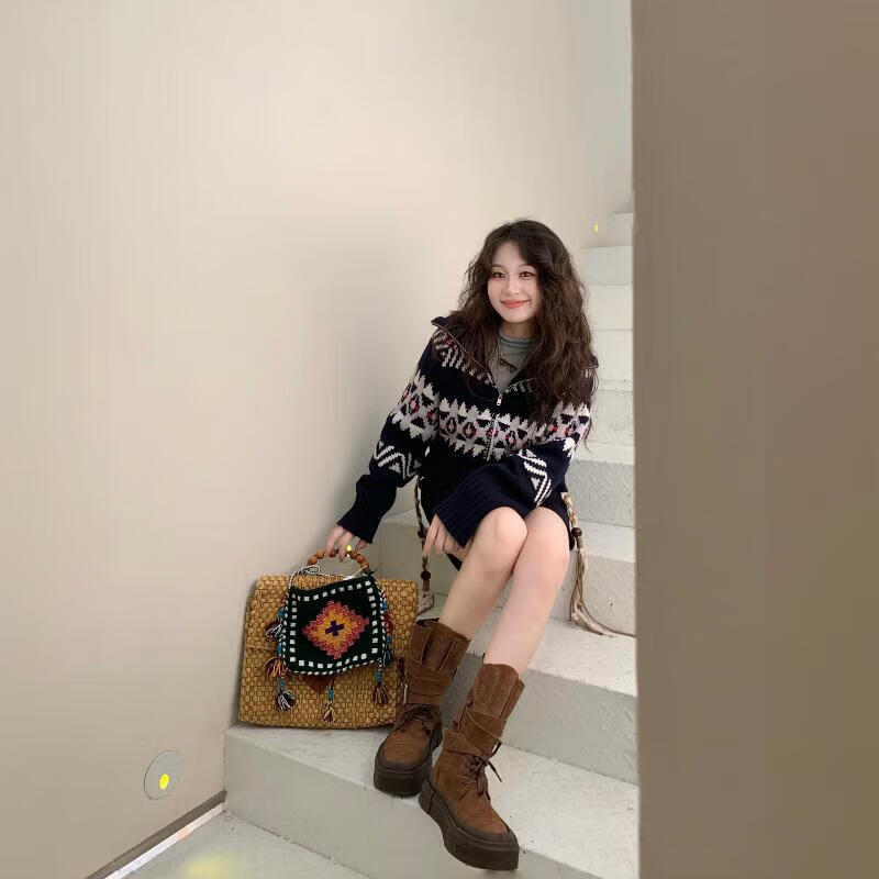 共迹gongji【童谣同款】厚底马丁靴女显瘦堆堆短靴复古西部靴子 栗棕色 37