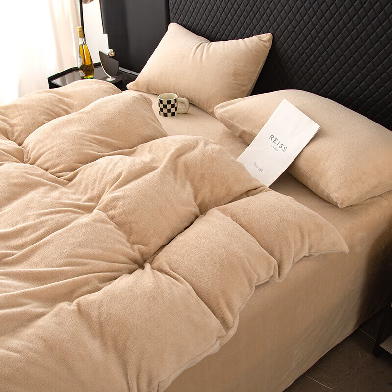 软贝简约轻奢牛奶绒床上四件套保暖毛绒床单被套学生宿舍秋冬款三件套 卡其 2.0m 床单款 (被套200*230cm) 四件