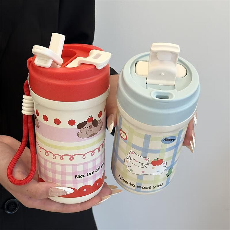 鸿迪卡通双饮保温杯女生高颜值316不锈钢便携咖啡杯吸管学生水杯子 蓝色格子喵 500ml 双饮+茶仓