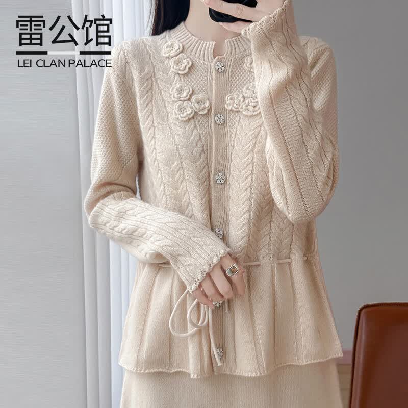 雷公馆 针织衫女开衫加厚100%羊毛设计感2026秋季新款针织外套打底衫 原绒米 M