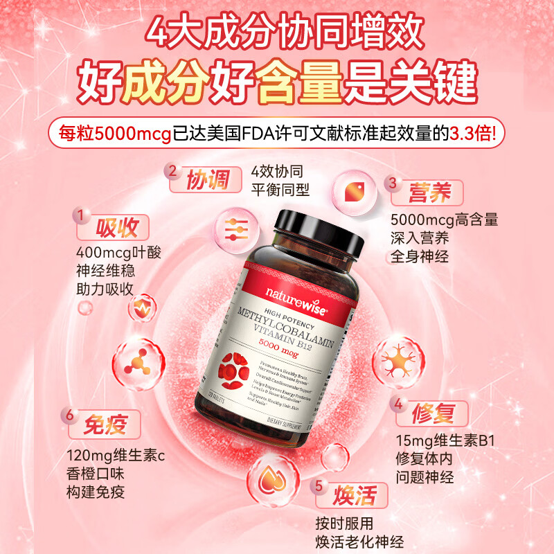 naturewise美国甲钴胺5000mcg维生素b12叶酸营养神经修复中老年耳鸣美国进口 【营养神经】甲钴胺5000mcg 120粒*1瓶