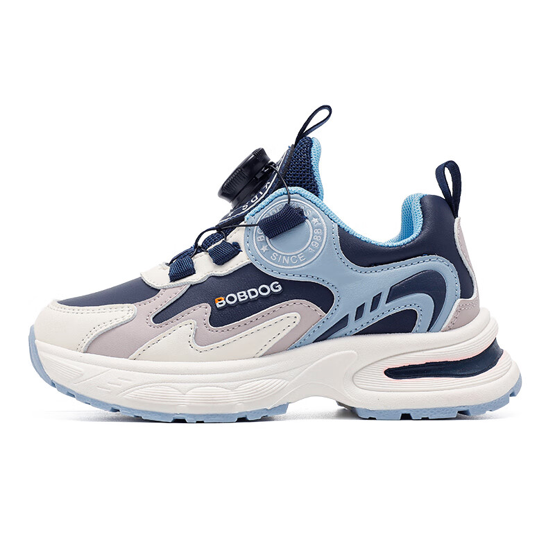 巴布豆童鞋男童秋季透气老爹鞋新款百搭休闲跑鞋旋转扣儿童运动鞋 藏青蓝/米53111(革面) 34 适合脚长21.0cm