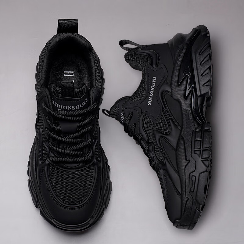 罗宾赐轻奢男鞋2025秋冬新款透气网面运动休闲鞋子男士软底增高老爹鞋男 黑色【加绒保暖】-高端男鞋 43