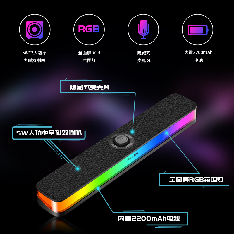 飞利浦（PHILIPS）蓝牙音箱 电脑音响台式usb笔记本桌面音响木质时钟音箱多媒体家用办公重低音游戏长条音箱 SPA6109桌搭电竞音响