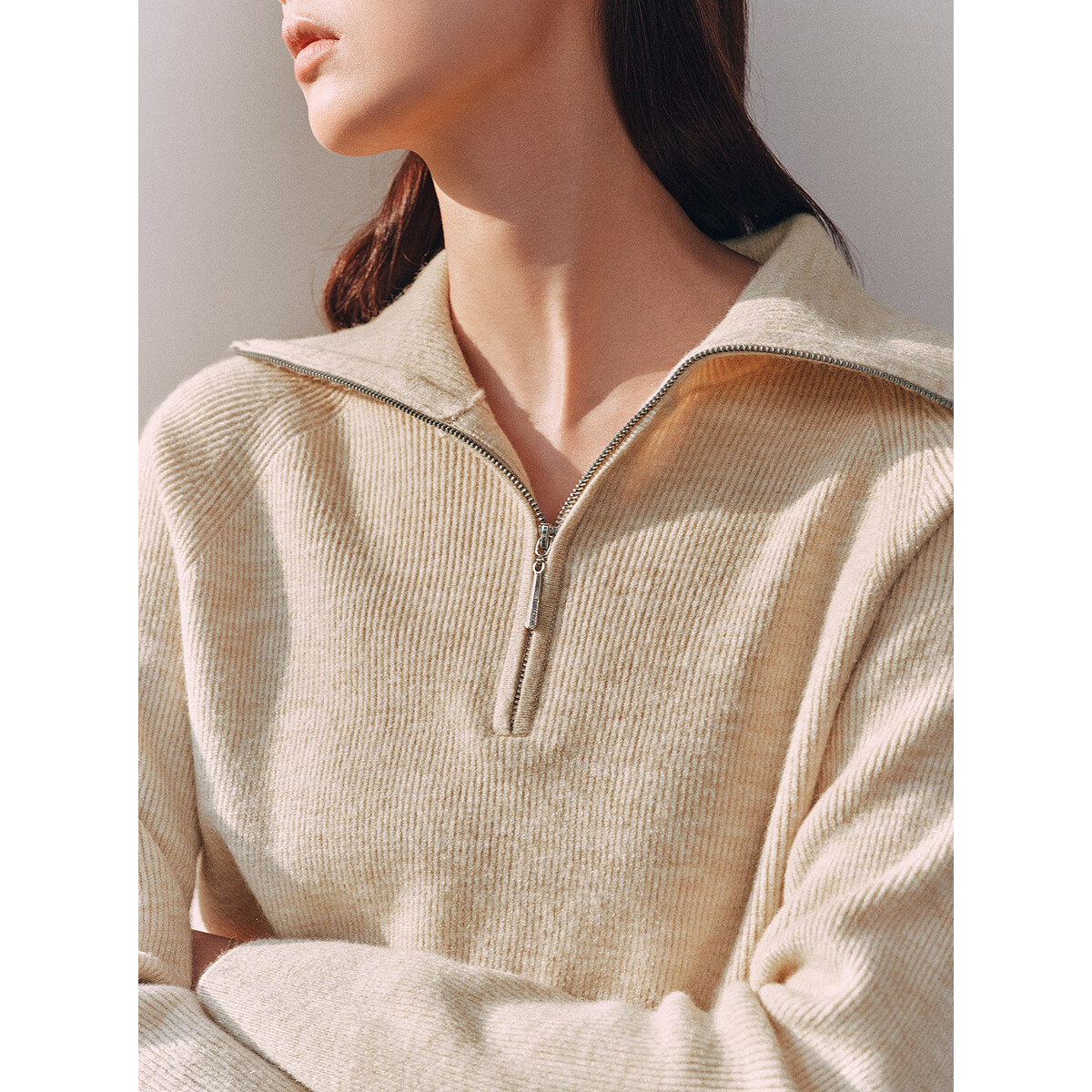 太平鸟秋冬毛针织衫集合链接新款打底无缝套衫女士开衫 米色半门襟翻领线套衫 M