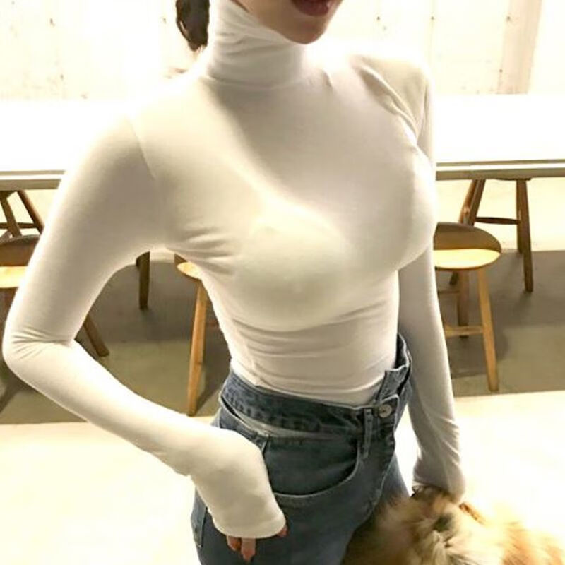 领口紧身显胸打底衫长袖性感韩国性感紧身上衣显胸大高领打底衫 白色
