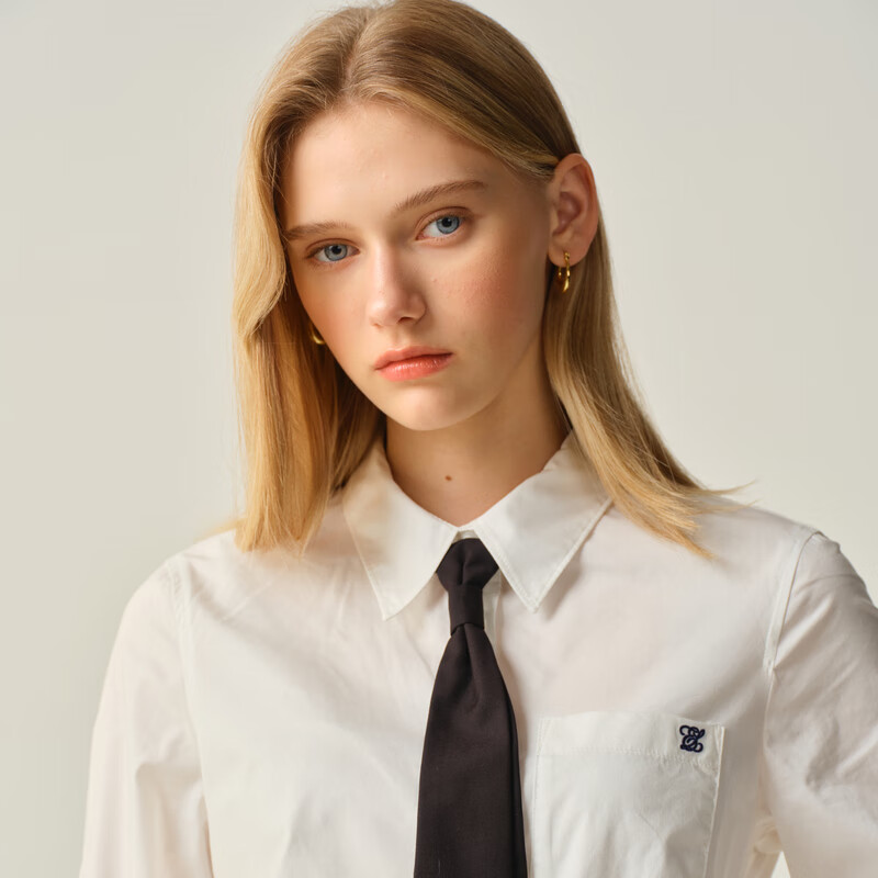 ELAND【小蛮腰】衣恋衬衫女短款棉质翻领通勤上衣2025秋季新款 象牙白/白色(39)Ivory L /170