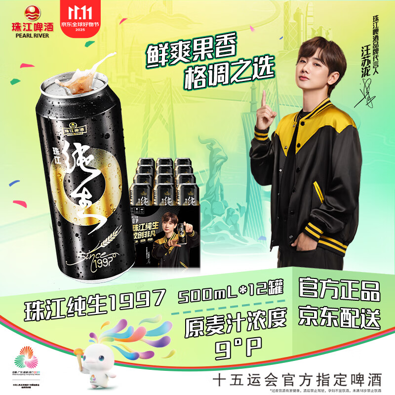 珠江啤酒（PEARL RIVER）9°P 珠江97纯生 500mL 12罐 整箱装