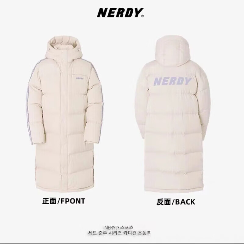 NERDY韓國潮牌秋冬情侶同款中長款連帽羽絨服寬松休閑保暖外套女 奶油白吳宣儀同款 XS