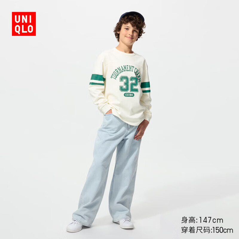 优衣库童装男童女童AIRism棉混纺圆领T恤长袖25秋冬新款482984 01 乳白色 160