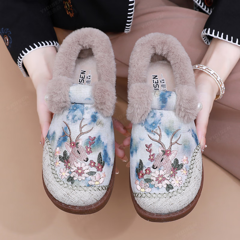 意迪森【一鹿生花】老北京布鞋加绒加厚保暖棉鞋女国风刺绣一脚蹬防滑底 灰色加绒 36 (230mm)