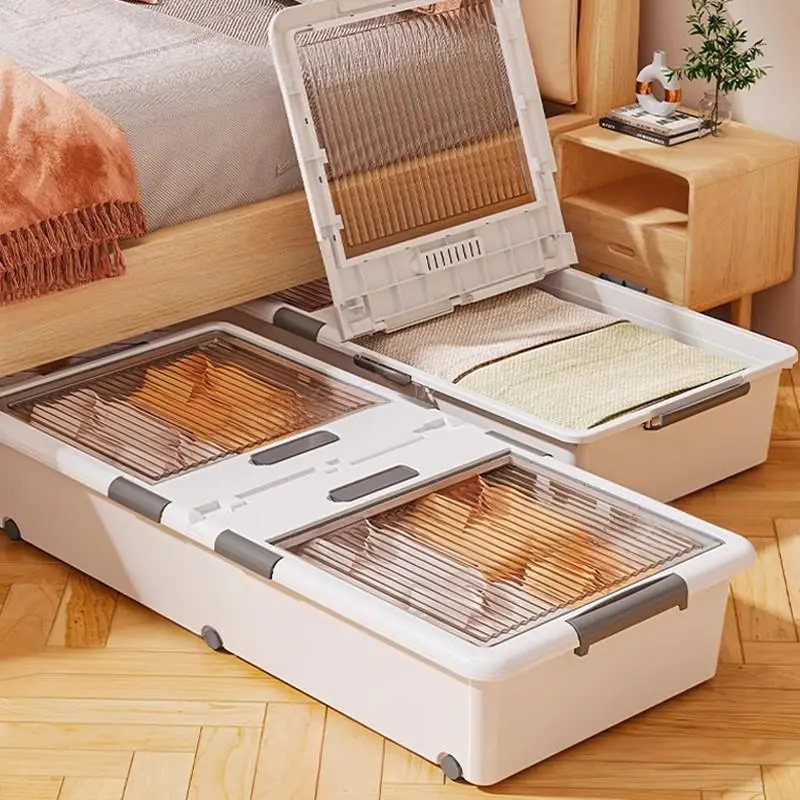 星优床底收纳箱透明大容量超大抽屉式带滑轮放床下储物扁平收纳盒  白透【100*50*13.5】