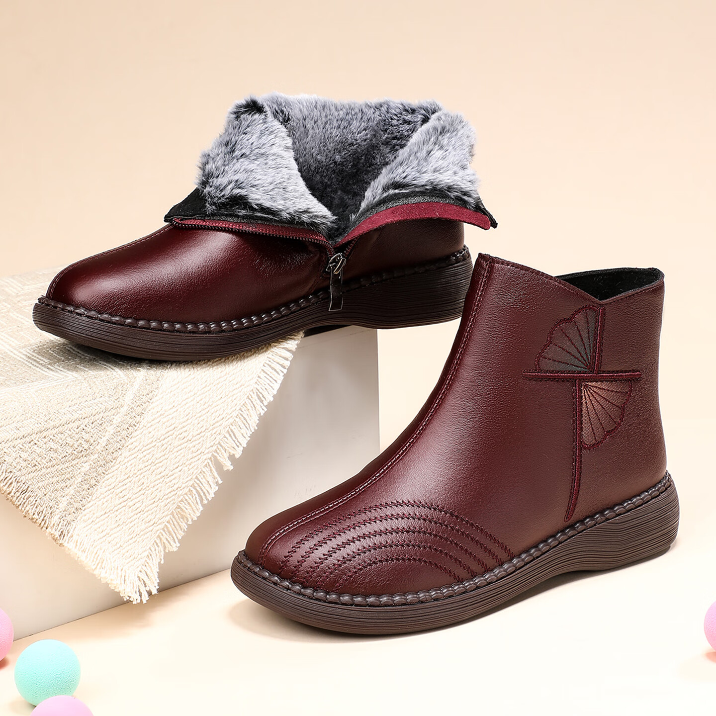 泰和源老北京布鞋短靴女防滑冬季防滑牛筋底加绒加厚保暖高帮妈妈鞋棉鞋 红色 40