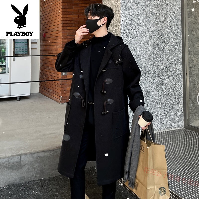 花花公子牛角扣连帽毛呢大衣男士中长款秋冬季痞帅感潮牌男装风衣外套 黑色 XL 建议130-150斤可穿