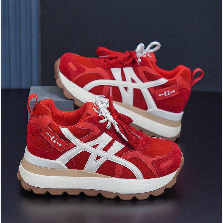 百丽踏小个子内增高8cm老爹鞋女2025秋季新款透气运动鞋百搭厚底休闲鞋 米色升级款 35