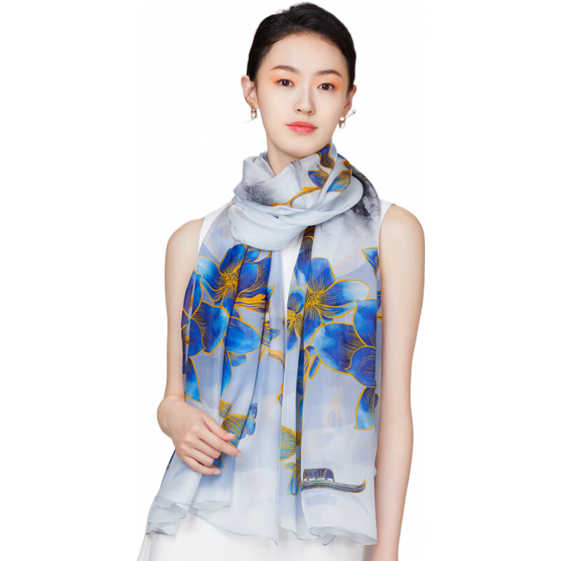 吳蠶里（WUCANLI）絲巾女桑蠶絲蘇州絲綢春夏秋時(shí)尚洋氣新款紗巾薄款披肩防曬 青川-藍色