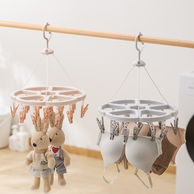 茶花（CHAHUA）晾晒衣架多夹子晒袜子神器圆形晾衣夹内衣架 灰色晒衣架（24夹）