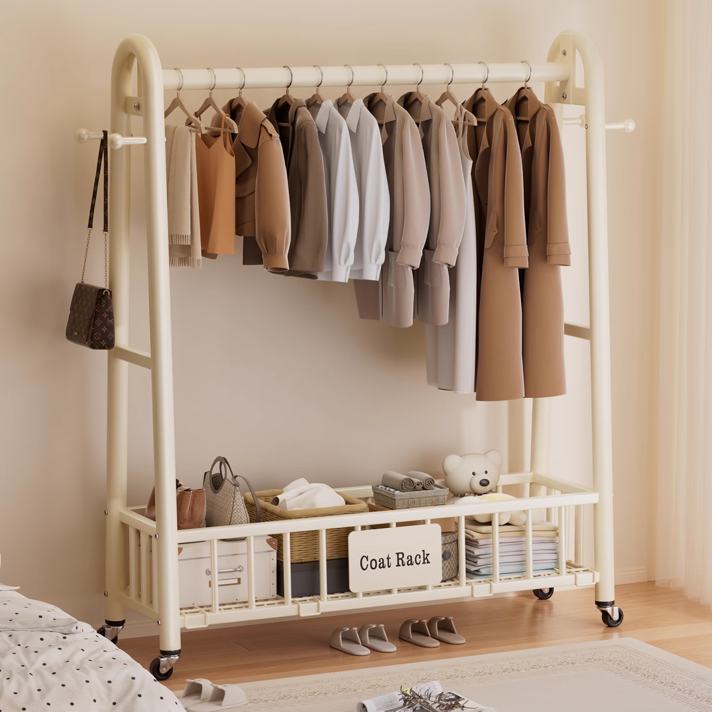 衣炫简易衣帽架落地卧室阳台家用室内挂衣架可移动晾衣架衣服收纳架子 【特粗25管】奶油白长80 加深网篮+金属轮