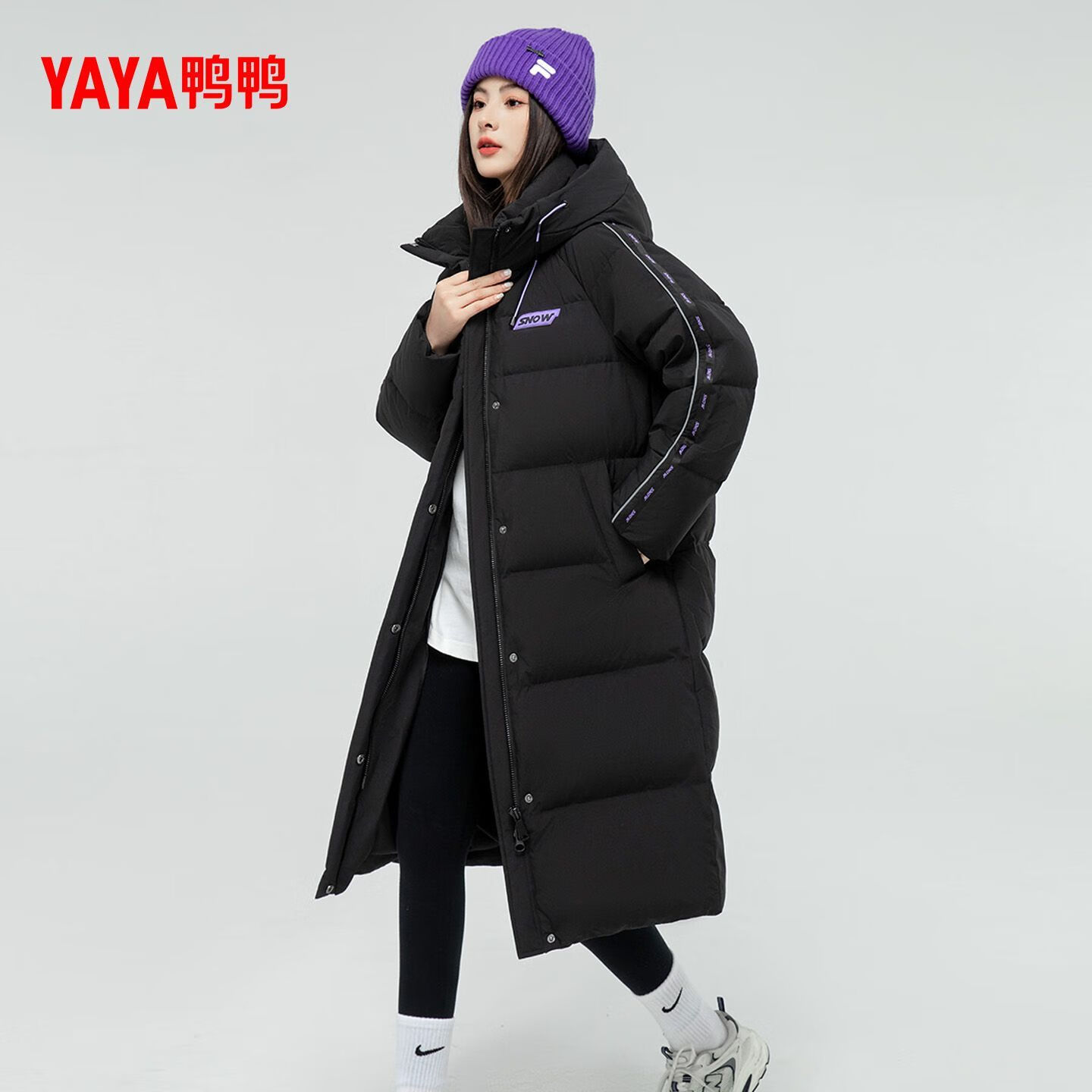 鸭鸭（YAYA）加厚长款羽绒服女冬季新款时尚潮流百搭保暖休闲连帽外套 黑色 S 【90-120斤】