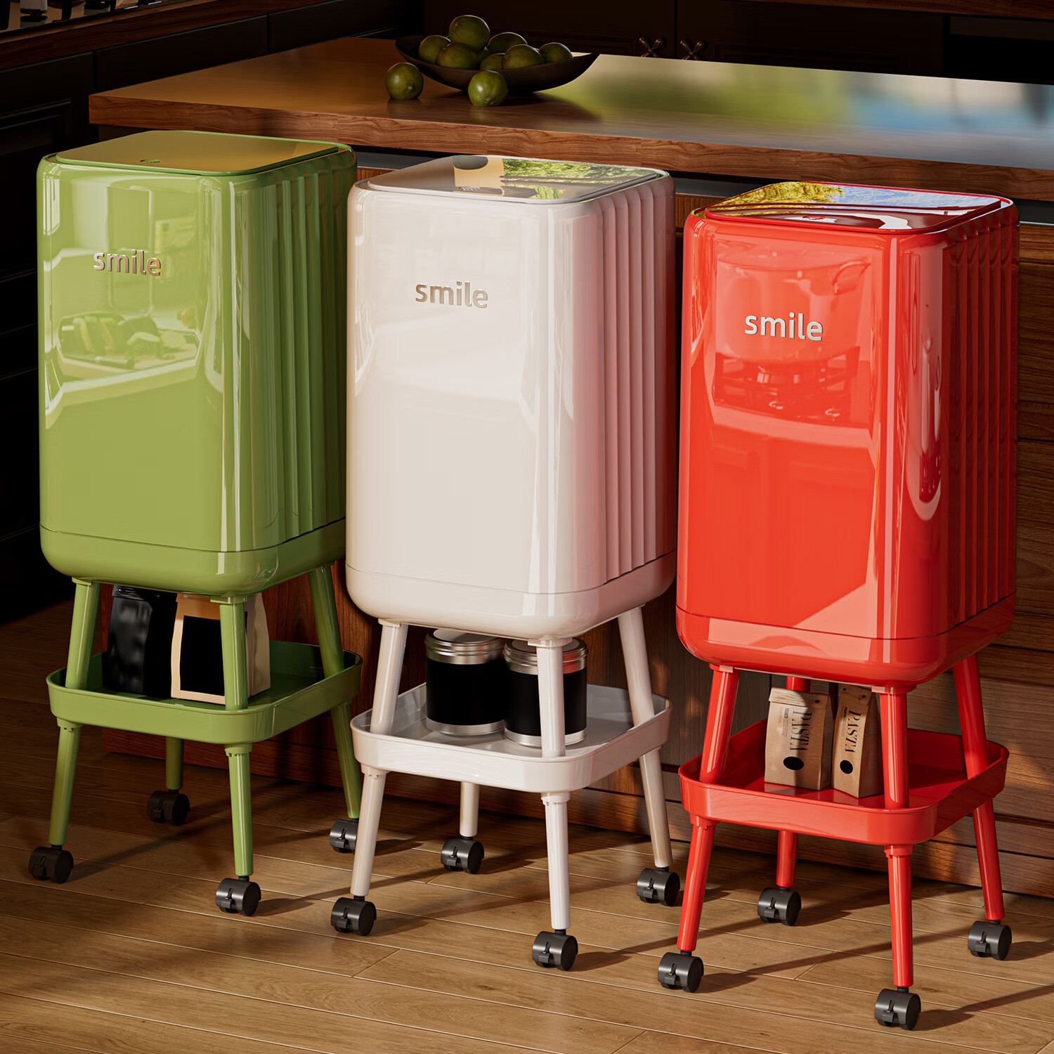 纳份爱厨房高脚垃圾桶免弯腰家用大号2025新款带盖高颜值带轮夹缝垃圾桶 中古绿/16L【高脚无盖+带滑轮】