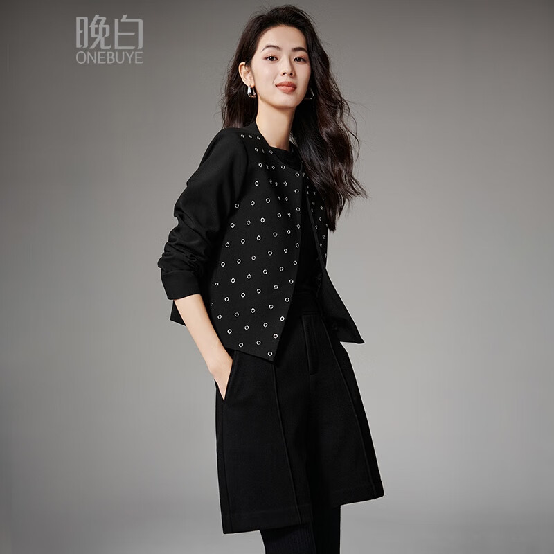 晚白【断码清仓】经典百搭上衣潮流气质金属波点大方短款外套女 黑色 S