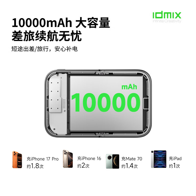 IDMIX磁吸充电宝qi2认证无线15W快充35w有线充带支架适用苹果16iPhone15移动电源飞机可携带 太空灰色