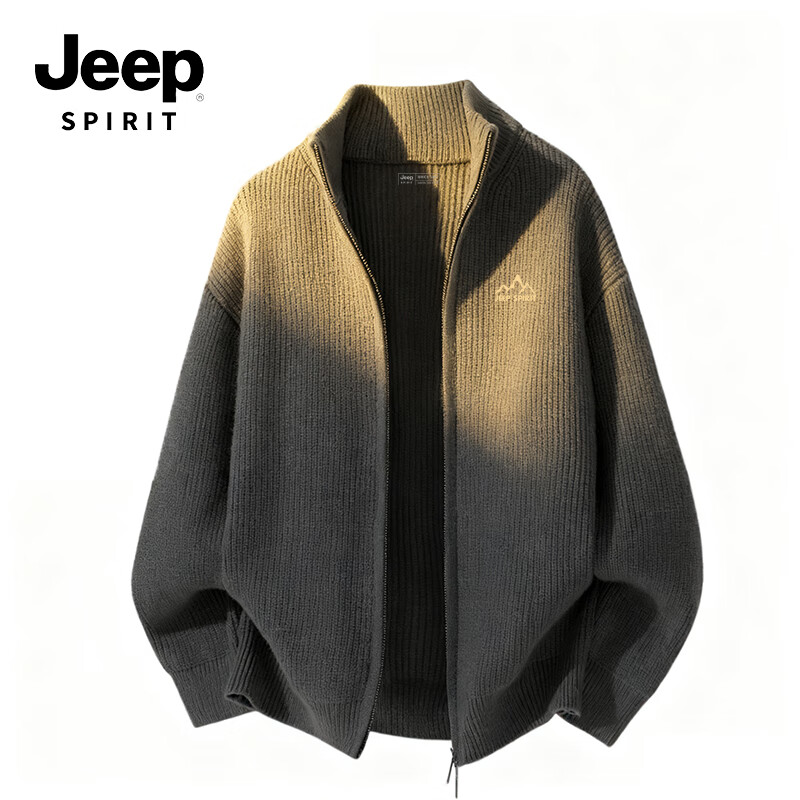 JEEP SPIRIT吉普美式潮牌毛衣男冬款重磅加厚开衫户外跑步防风立领男装针织衫