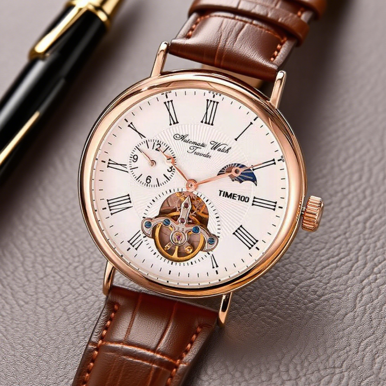 时光一百（TIME100）手表机械表飞轮全自动多功能月相牛皮休闲男表送男友情人节礼物 玫白