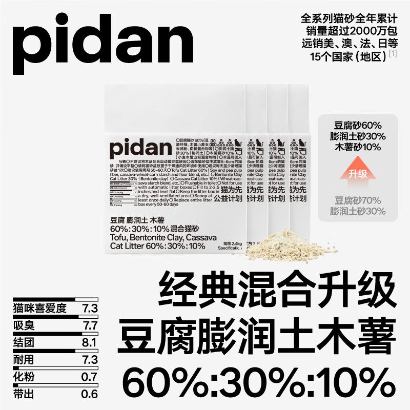 pidan经典混合猫砂 豆腐膨润土混合 2.4kg款4包装