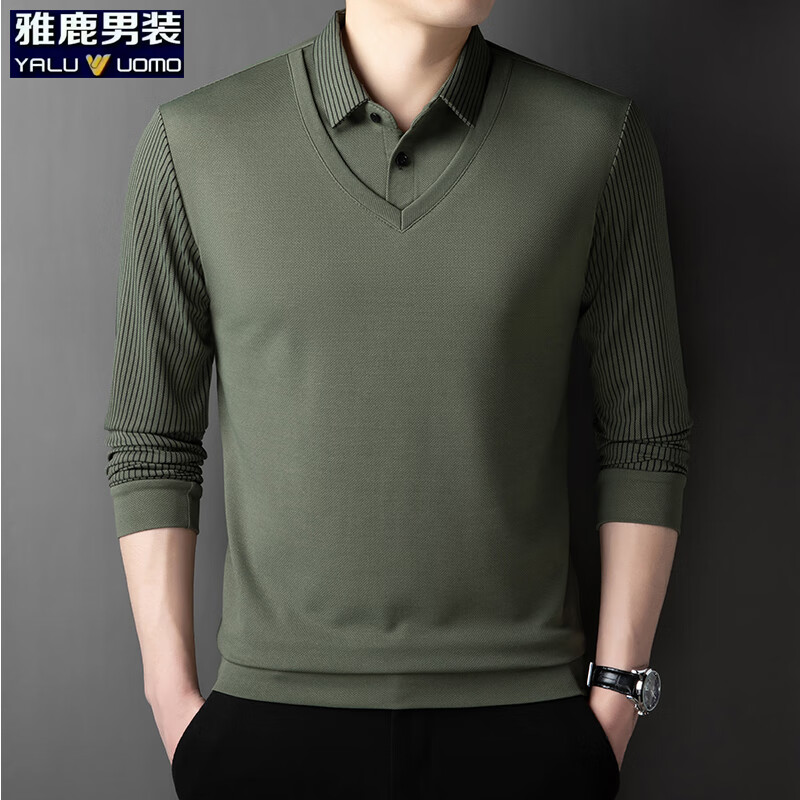 雅鹿男装假两件毛衣男士休闲翻领针织衫秋季薄款时尚潮流男装上衣t恤衫 豆绿色 M (165)（建议100-120斤）