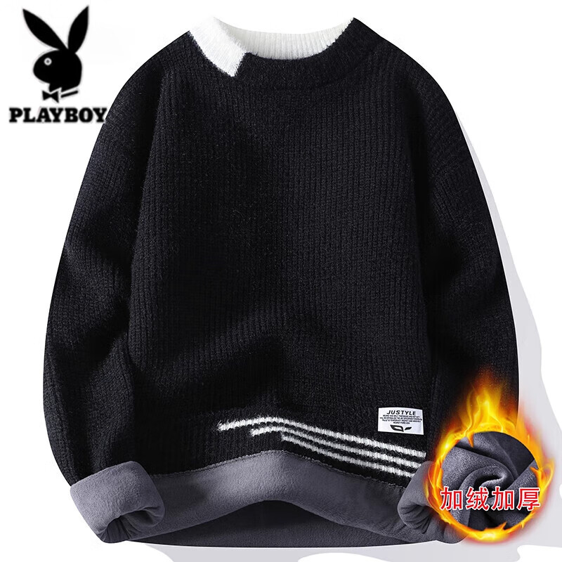 花花公子毛衣男款慵懒感秋冬季新款潮流加绒加厚打底衫软糯圆领内搭针织衫 2233黑色   加绒 4XL 【165-185斤左右】