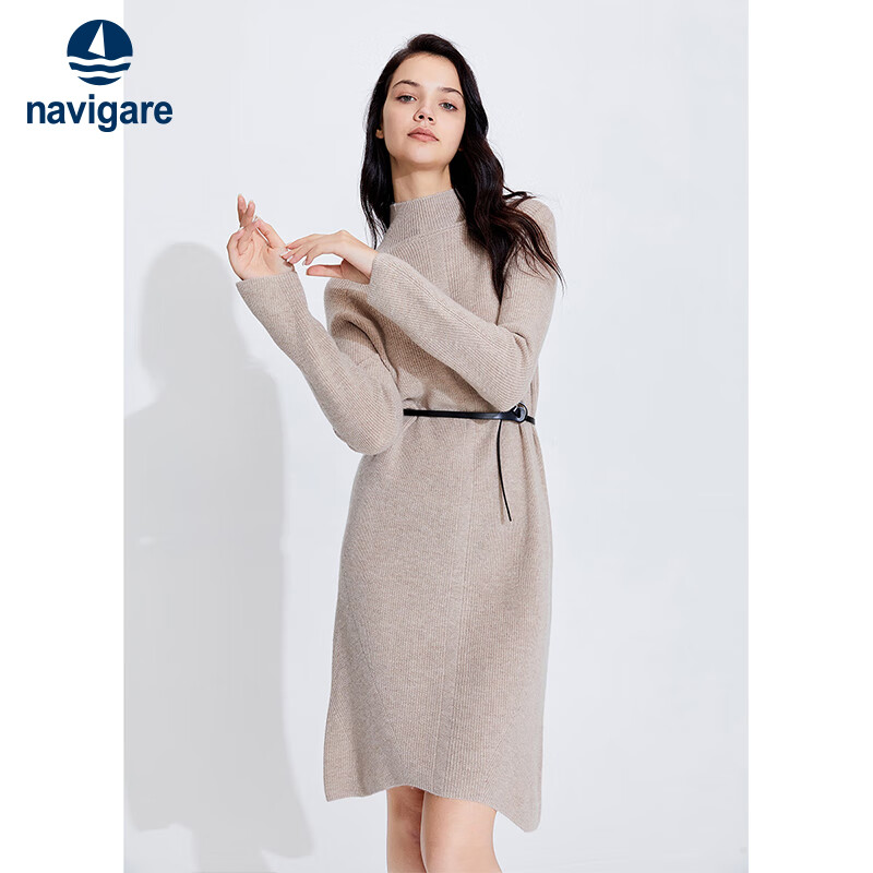 Navigare意大利小帆船含羊绒女士连衣裙2025春秋季舒适亲肤休闲高领裙子 浅卡其 S