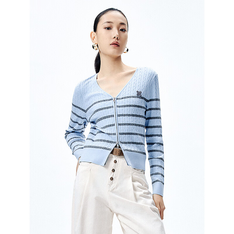 太平鸟秋冬毛针织衫集合链接新款打底无缝套衫女士开衫 V领条纹开衫蓝色 XL