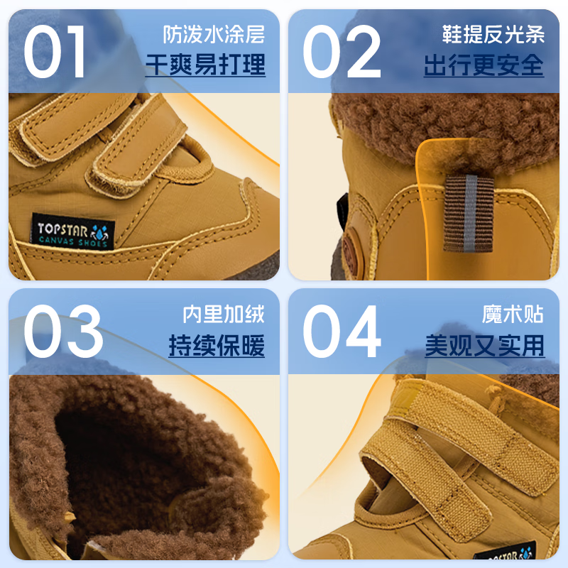 TOPSTAR【冬季】儿童棉鞋女童雪地靴男童加绒保暖棉靴加厚大棉靴 黄色 30 内长19.5cm建议脚长18.5cm