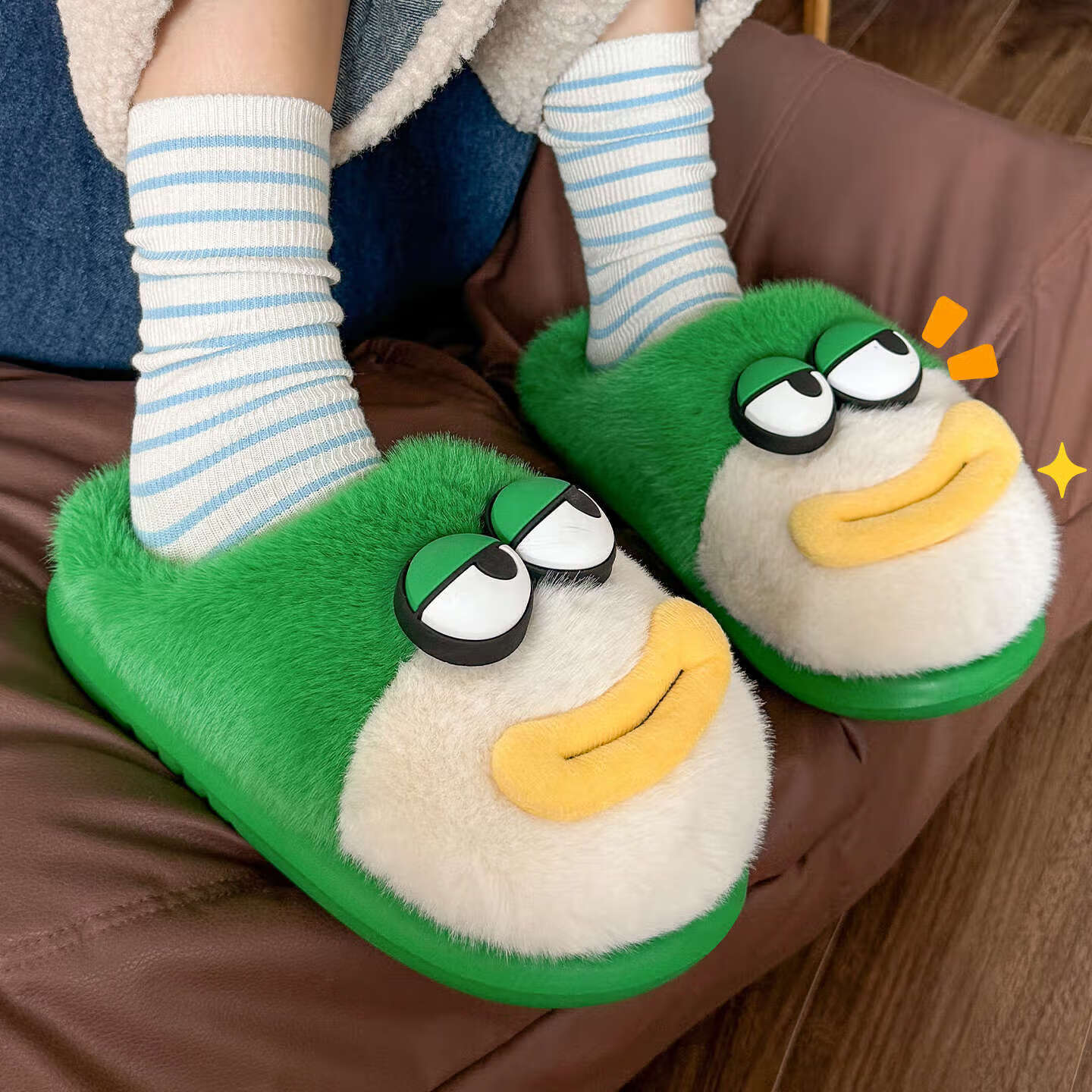 FZT亲子棉拖鞋女款虫小绿秋冬季2025新款室内家居防滑保暖可爱棉拖女 绿色【亲子专用】 26-27 【推荐尺码200内长18.5cm】