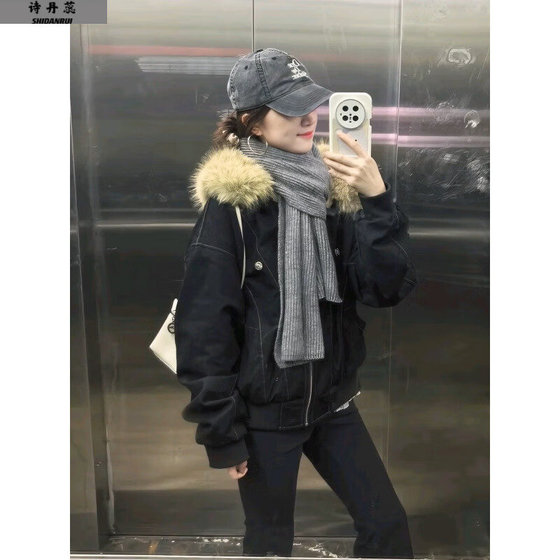 诗丹蕊棉服外套女冬季2025新款棉衣加绒加厚派克服小个子短款羽棉袄绒服 黑色 均码 【可备注码数】